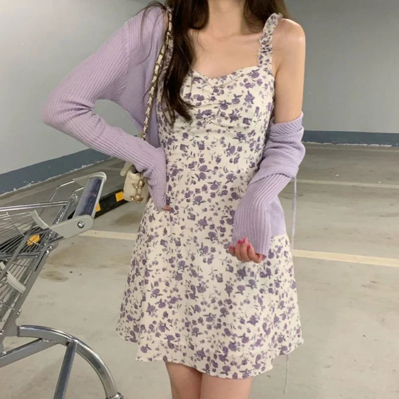 qgtao Summer Purple Two-piece Sets Dress for Women Floral Slip Mini Dress+Sunscreen Shawl Cardigan Woman 2024 New Sundress