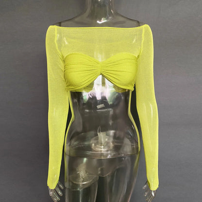 Mozision See Through Mesh Crop Top Women Pullovers Strapless Short Knit Cropped Tops Ladies Tee Shirt Sexy Off-shoulder T-shirt