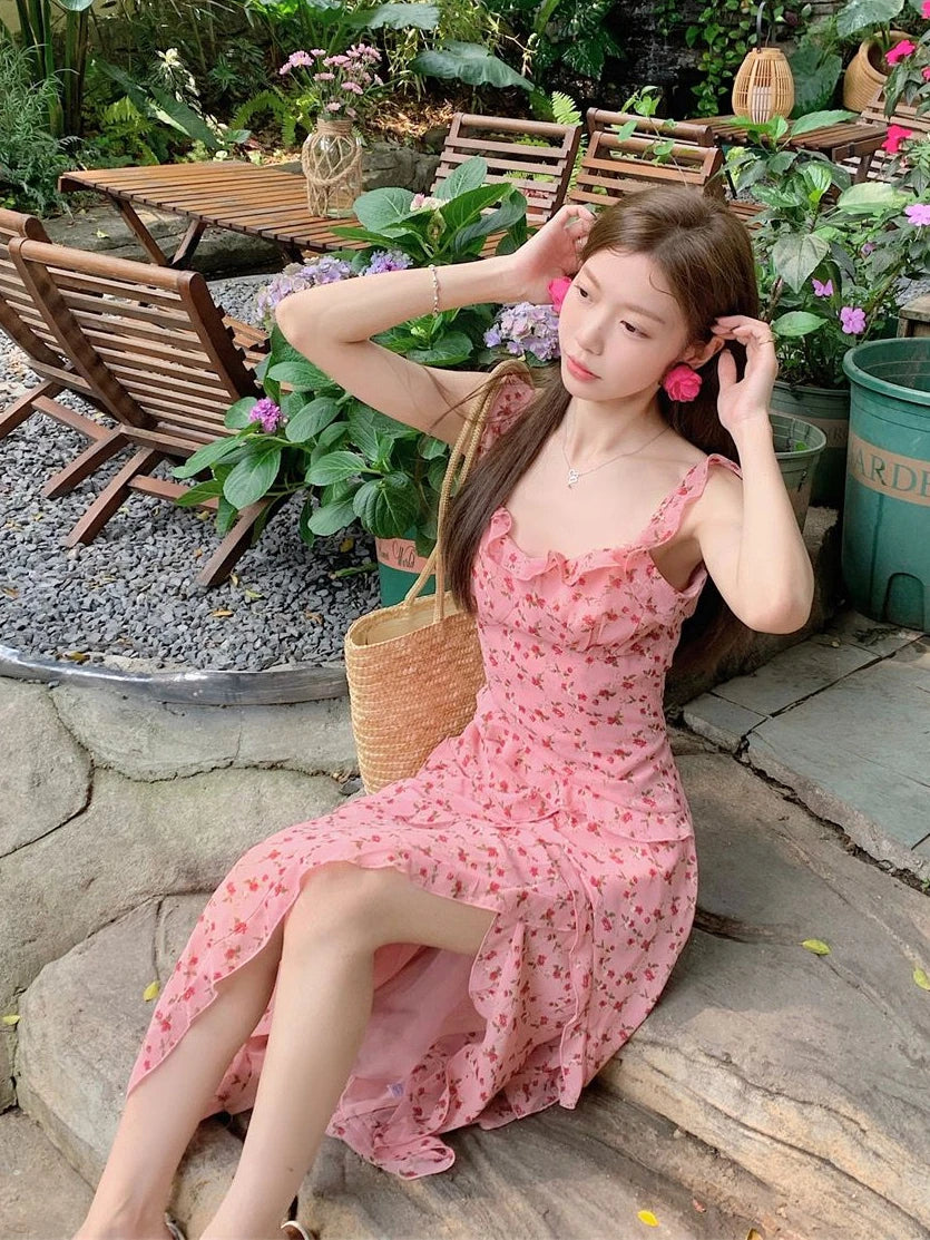 qgtao Vintage Ruffles Floral Strap Dress Women Casual Korean Chic Split Midi Dress Women 2024 Autumn Fashion Elegant Beach Party Dress