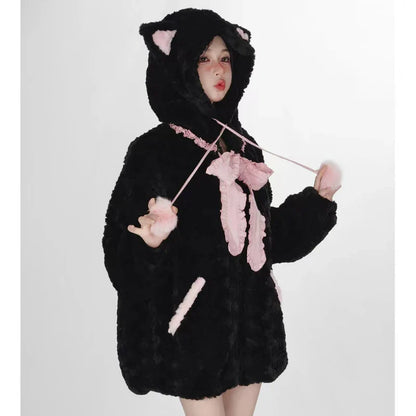 Autumn Winter Harajuku Y2k Thick Hoodies Women Kawaii Bow Cat Ear Hooded Coat Girls Gothic Casual Loose Sweatshirts Cute Clothes