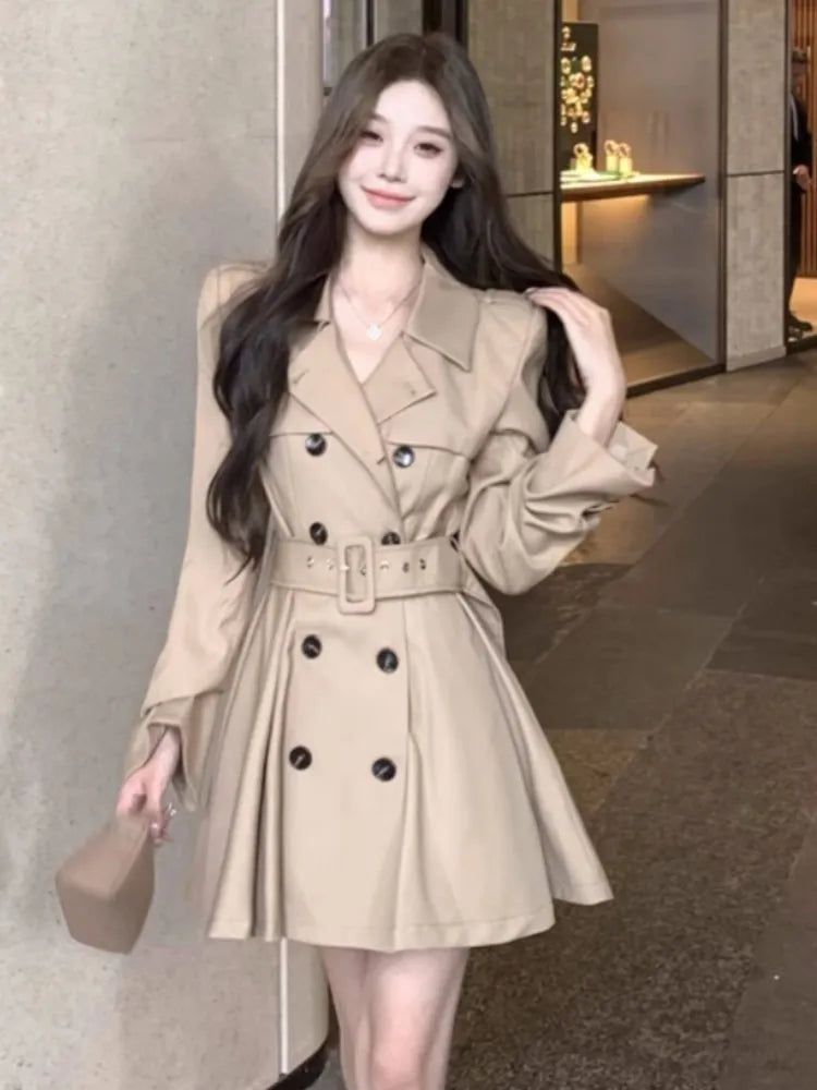 qgtao Autumn New Korean Chic Elegant Trench Coat Dresses for Women with Belt Turn-down Collar Double Breasted Casual Female Clothing