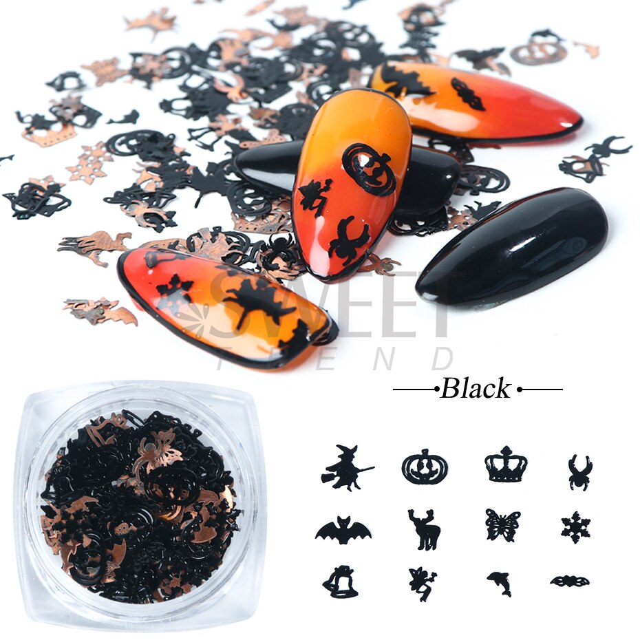 120PCS/Jar Mixed Spider Witch Pumpkin Halloween Christmas Metallic Flakes Sequins Nail Art Slice Stickers DIY Decoration SA1034