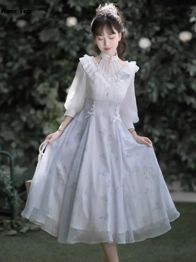 qgtao Women French Elelgant Vintage Midi Dress Korean Sweet Floral Birthday Dancing Parties Vestidos Summer New Slim A-line Clothing