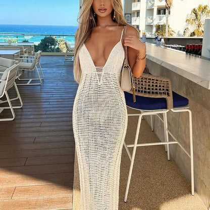 qgtao  Women V-neck Bikini Cover-Up Dress Knitted Hollow See-through Swimsuit Cover-Up High Waist Sexy Crochet Beach Dresses