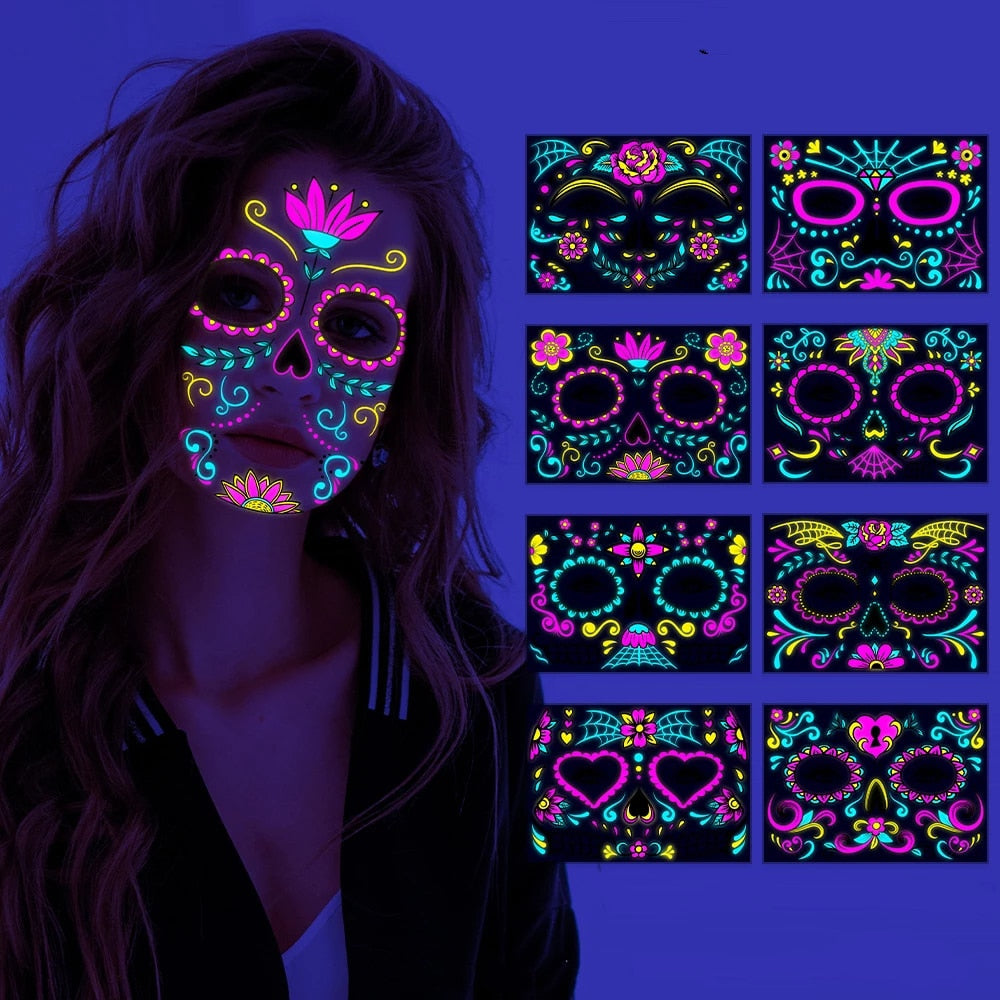 Fluorescent Halloween Face Tattoo Sticker Day of the Dead Funny Temporary Neon Face Sticker for Festival Masquerade Party Makeup