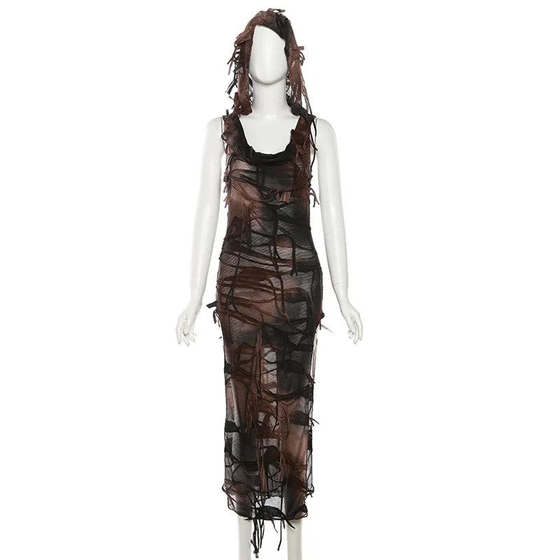 Tassel Vintage Gothic Hooded Midi Dresses Fairy Grunge Y2k Sexy High Split Dress Female Sleeveless Tie Dye Streetwear