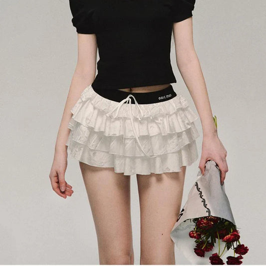 qgtao Kawaii Sexy Ruffle White Mini Skirt Fairycore Cake Pleated Lace Up Short Skirts Coquette Casual Layered Patchwork Skirt