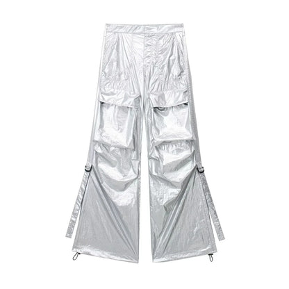 Silver Y2k Women's Pants Cargo 2024 Baggy Trousers Loose Oversize Vintage Streetwear Trendy Casual Stylish Chic Classic Mid Wasi