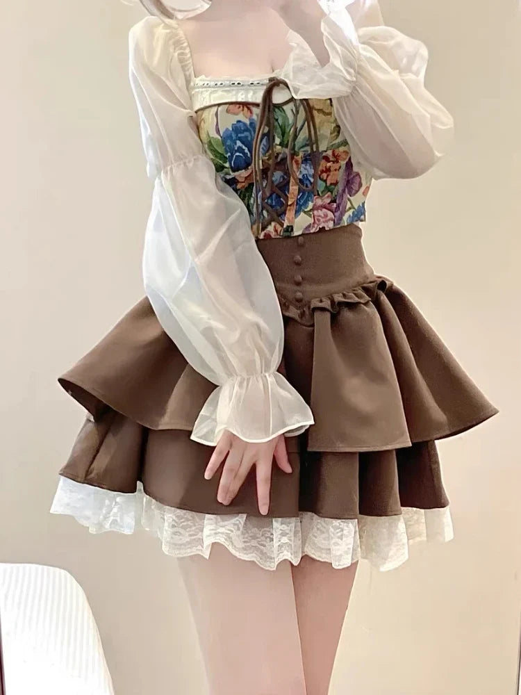 qgtao Kawaii Lolita Skirt Women Autumn Winter Vintage High Waist A-line Lace Patchwork Bow Japanese Fashion Brown Mini Skirt