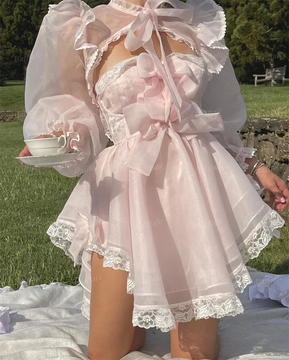 qgtao  Fairy A Line Pink Organza Short Prom Dresses Puff Long Sleeves Lace Bow Formal Occasion Party Dress Wedding Gowns