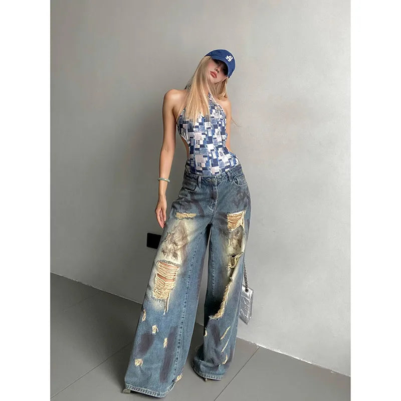 qgtao  -  Women Ripped Blue Y2k Jeans Harajuku Streetwear Denim Trousers Aesthetic Jean Pants Vintage Japanese 2000s Style Trashy Clothes