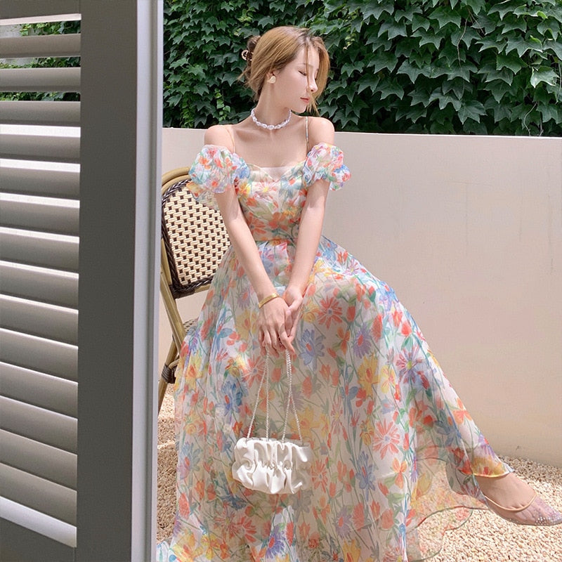 2022 Summer French Vintage Floral Dress One-shoulder Puff Sleeve Sexy Backless Slip Dresses Elegant Temperament Female Dress