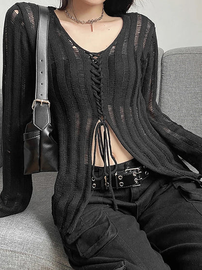 qgtao  Mall Gothic See Through Bandage Blouse Grunge Black Casual Sexy Knitwear T-shirt Y2k Long Sleeve Streetwear Women Tops