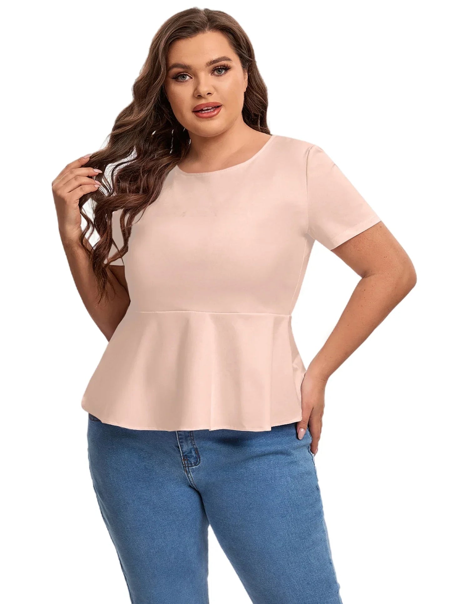 qgtao Plus Size Short Sleeve Elegant Summer Peplum Tops Women Keyhole Back Ruffle T-shirt Tee Blouse Plus Size Clothing Women 5XL 6XL