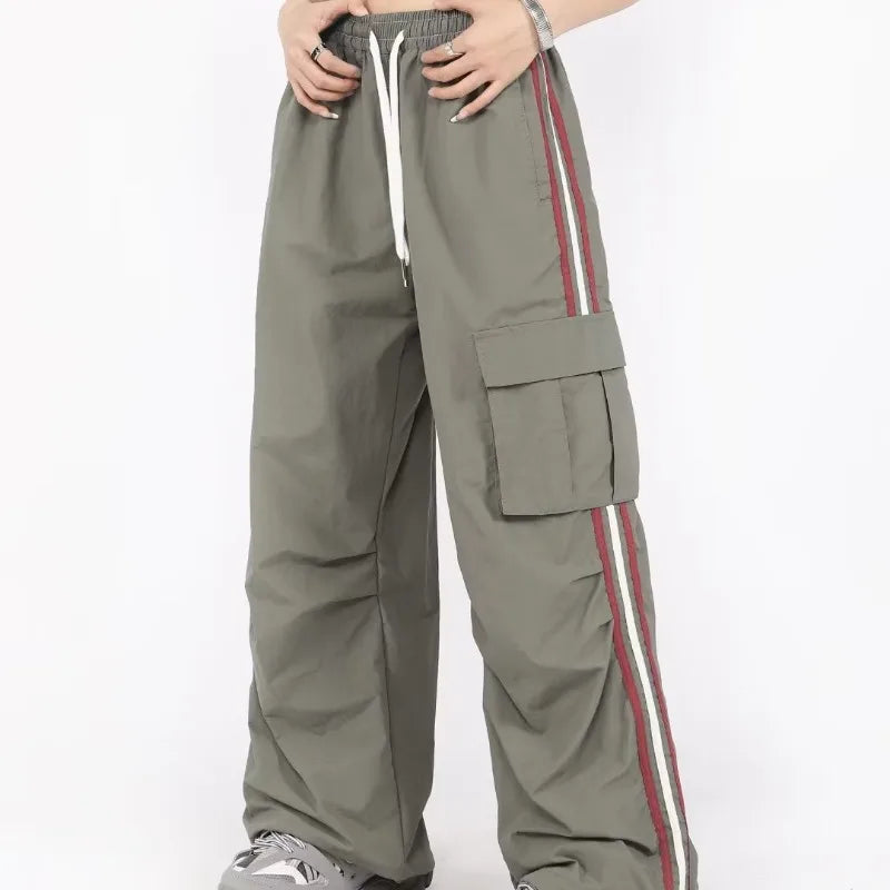 qgtao Y2K Cargo Pants Women Baggy Vintage High Waist Stripe Sweatpants Casual Loose Drawstring Parachute Jogger Wide Leg Pants