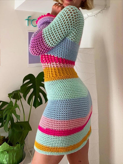 Contrast Colors Long Sleeve Knit Dress