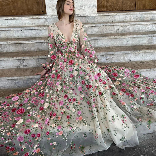 Luxury Embroidery Long Evening Dresses  Garden Floral Vintage Formal Prom Dress for Women Wedding Party