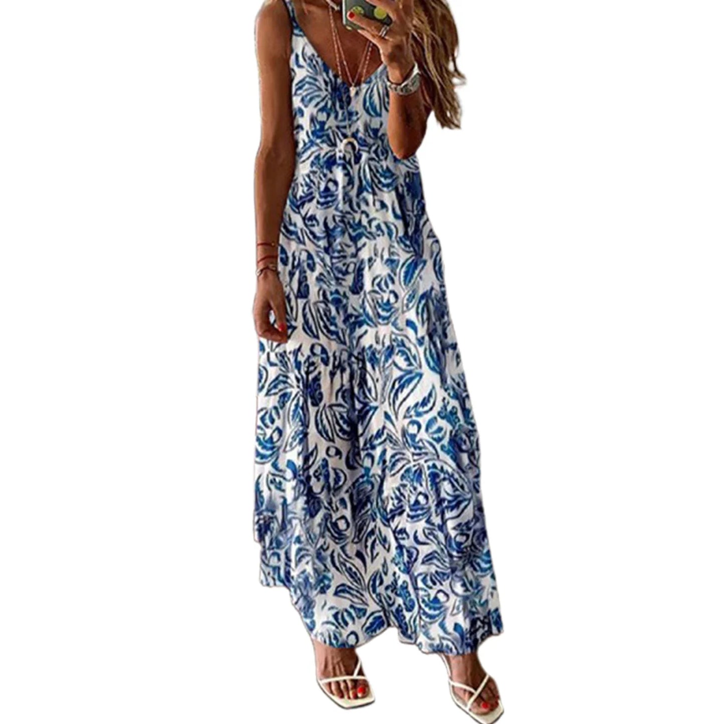 qgtao Women Boho Vintage Maxi Dress Loose Flora Print Deep V Neck High Waist Dresses Spaghetti Strap Summer Retro Vestidos Clothes