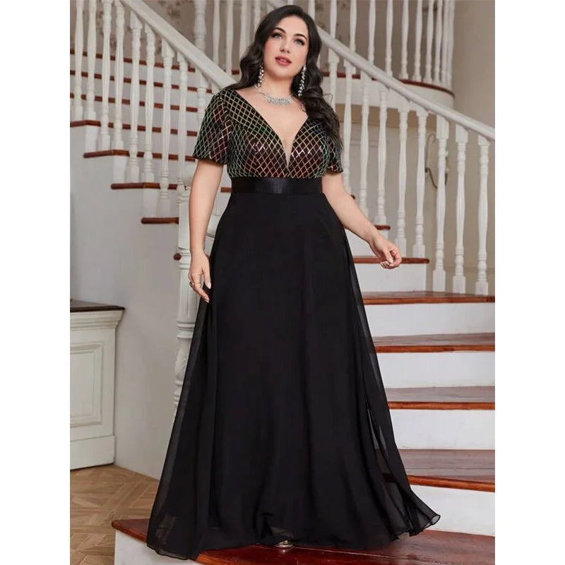 qgtao Plus Size V Neck Rhombus Sequin Luxury 4XL5XL Chiffon Dress Party Prom Black 3/4 Sleeve Over Maxi Dress for Party Wedding