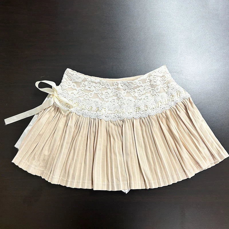 qgtao Pink Pleated Skirt Women Kawaii High Waist A-line Lace Patchwork Bow Lace Up Cute Fairycore Mini Skirt Spring Summer