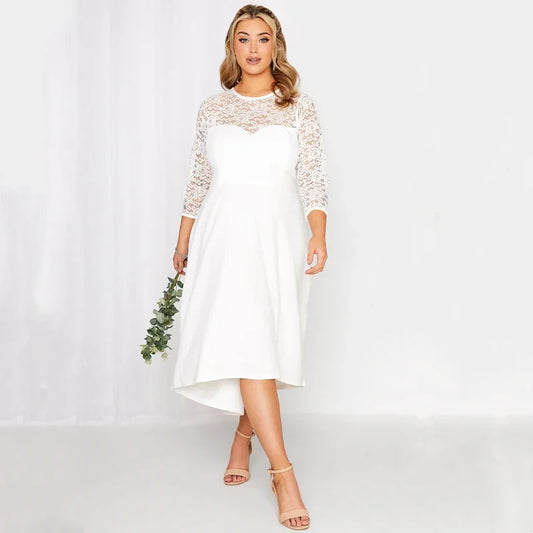 qgtao Plus Size 3/4 Lace Sleeve Spring Autumn Elegant Party Dress Women White Flt Flare Midi Dress Large Size Night Out Wedding Dress