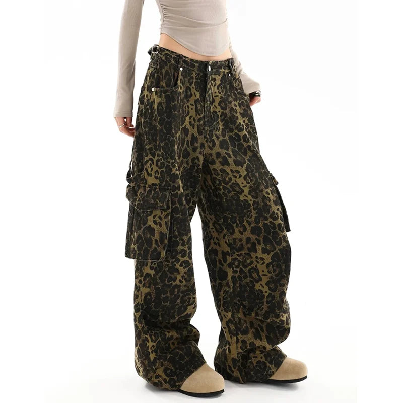 qgtao  -  American Vintage High Waist Trashy Jeans 2024 Autumn Women Casual Baggy Leopard Print Pants Wide Leg Grunge Street Denim Trouser