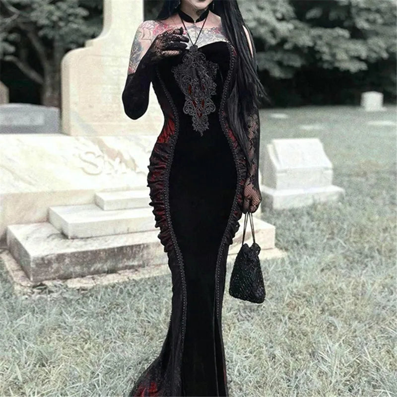 qgtao Goth Dark Ladies Elegant Fashion Tight Halter Mermaid Dresses Hotsweet Corset Mesh Maxi Dress Gothic Pleated Bodycon Party Gown