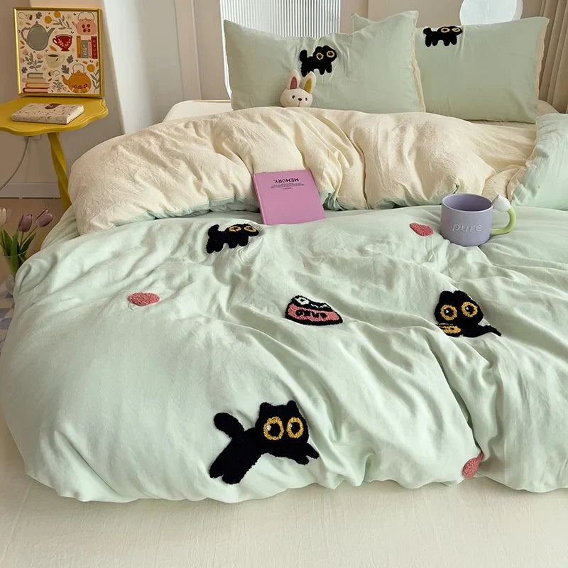 Yeknu Bedding Set Super Soft Washed Cotton Towel Embroidery Duvet Cover Four Piece Set - Lucky Cat Series