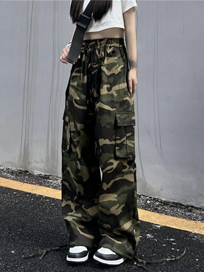 American Vintage Camouflage Cargo Pants Women Summer New Streetwear Loose Straight Wide Leg Trousers Woman