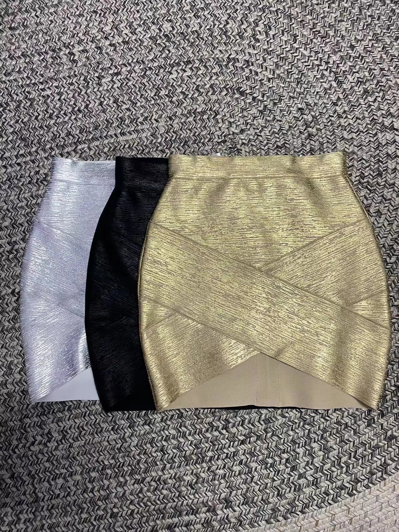 qgtao Top Quality Gold Silver Black Foil Color Women Sexy Bandage Bodycon Mini SKirt Nightclub Party Celebrate Wear Skirts