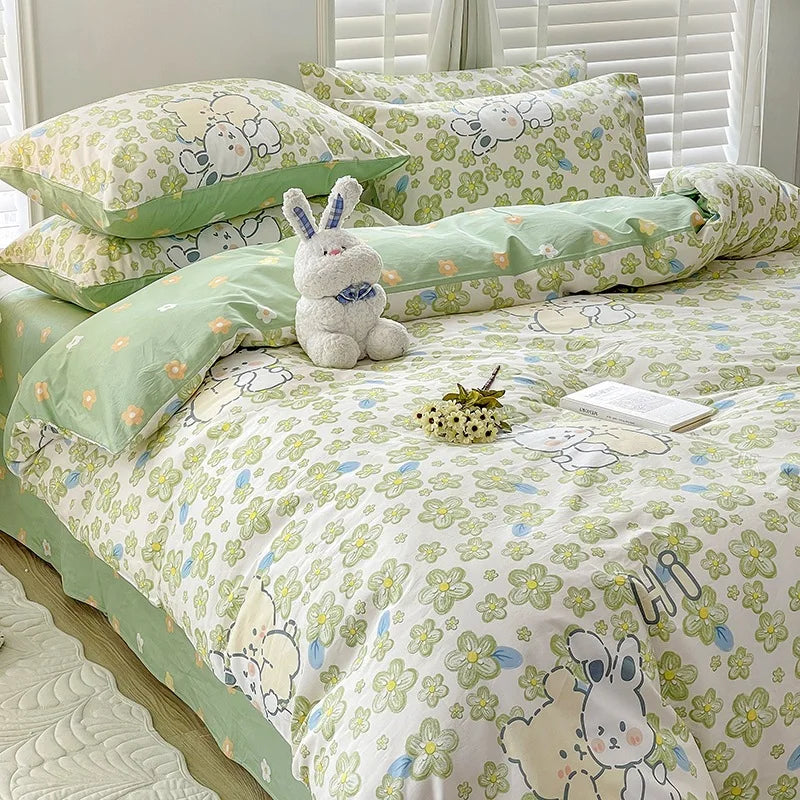 Yeknu Ins Style Bedding Set Cotton Soft Flat Fitted Sheet Duvet Cover Pillowcase Floral Rabbit Boy Girls Home Textile Bedclothes