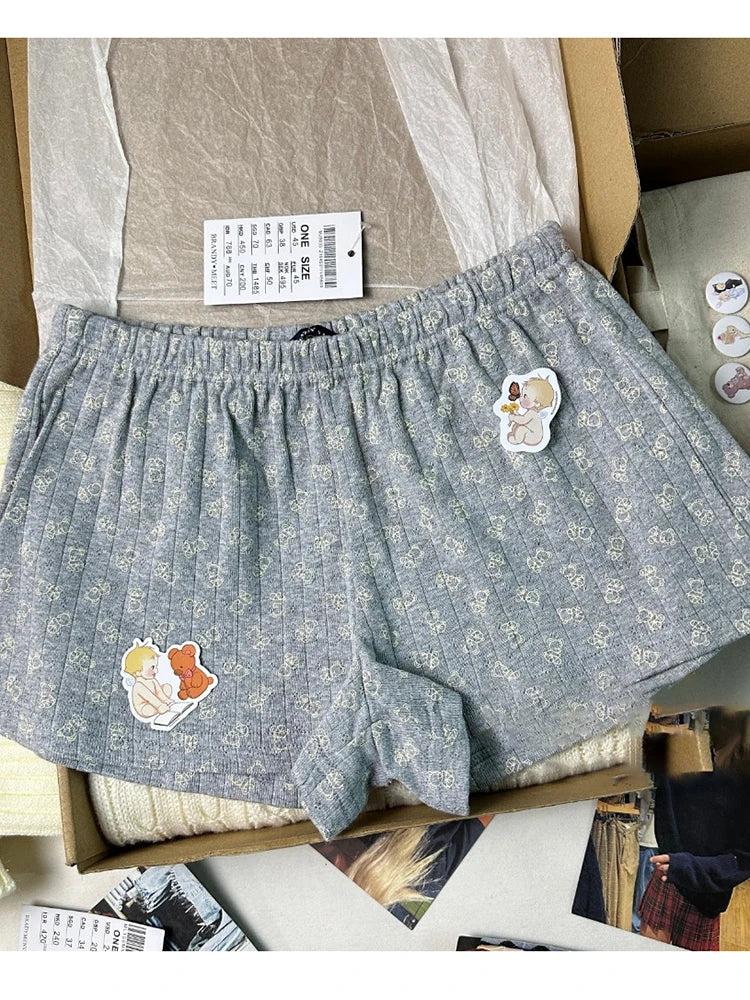 Little Bear Eyelet Cotton Vest Shorts Set Summer Sweet Bow Lace Camis Tops And Shorts Vintage Cute 2 Piece Sets Women Outfit New