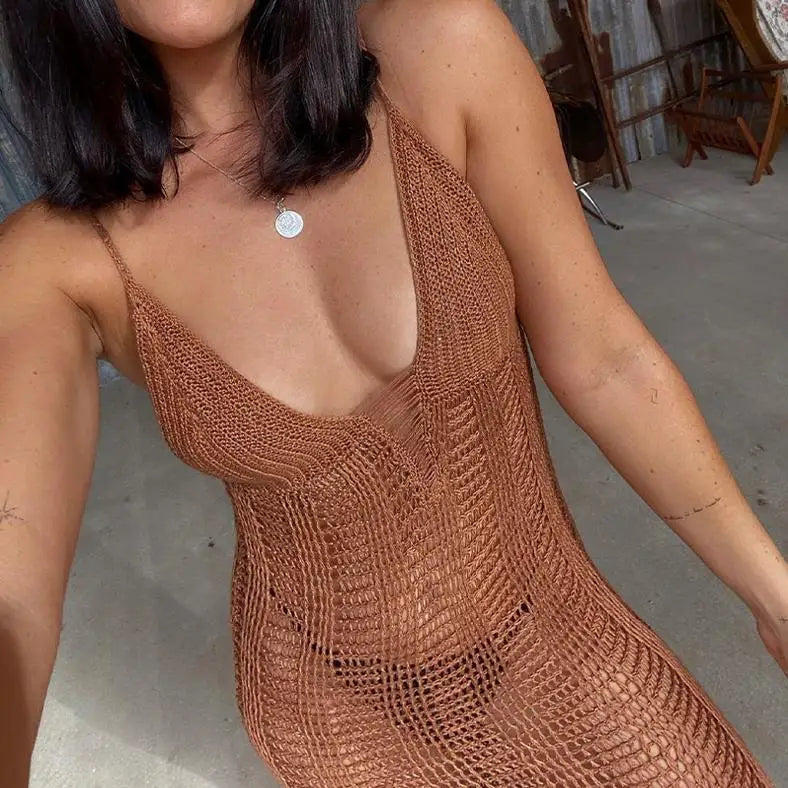 qgtao  Women V-neck Bikini Cover-Up Dress Knitted Hollow See-through Swimsuit Cover-Up High Waist Sexy Crochet Beach Dresses