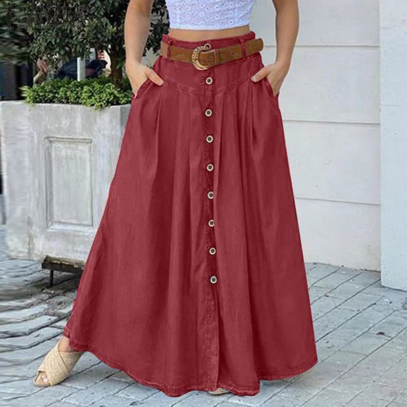 qgtao Women Button Patchwork Long Skirts 2024 Stylish A Line High Waist Long Vestidos Vintage Female Solid Maxi Sundress Femme