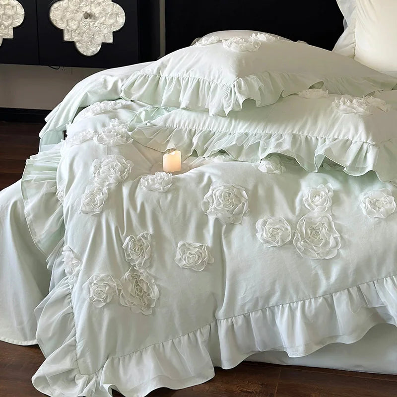 Yeknu Princess Style 3D Flower Bedding Set 100 Thread Count Autumn and Winter Cotton Duvet Cover Solid White Quilt Covers with Ruffles