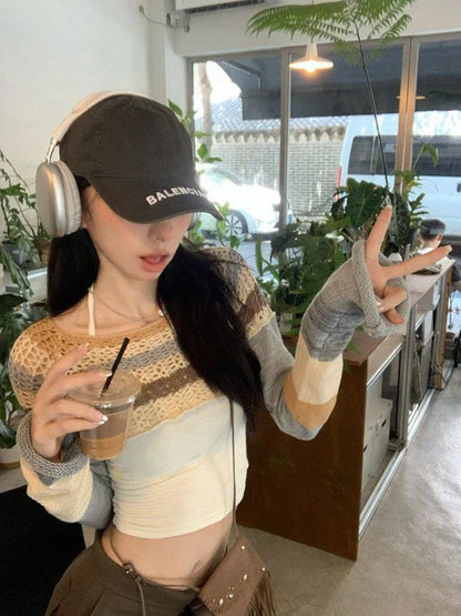 qgtao Y2K Vintage Striped Knitted Cropped Sweater Women Harajuku Hollow Out Patchwork Pullover Korean Fashion Casual Jumper