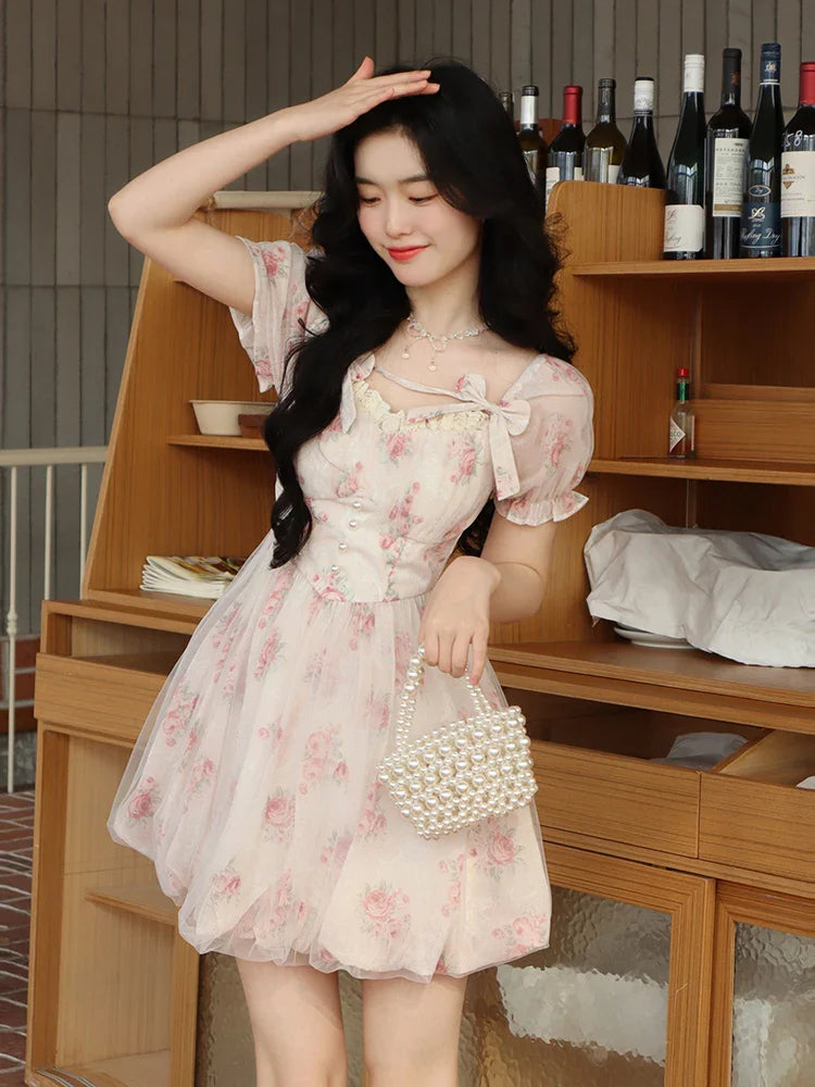 qgtao Floral Sweet Fairy Bodycon Dresses for Women Elegant Party Print French Female Korean Fashion Cute Mini Dress Summer 2024 Pink