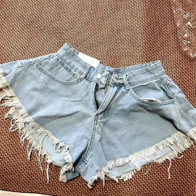 qgtao  -  Blue Lace Denim Shorts Women Y2k Fashion Loose High Waist Korean Style Causal A-line Jeans Streetwear Retro Summer Pants