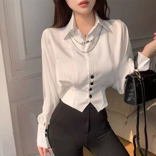 Vintage Elegant Button Solid Chiffon Shirt Spring Autumn 2022 New Polo-Neck Long Batwing Puff Sleeve Slim Blouse Women's Clothes