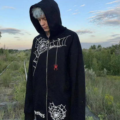 qgtao Y2K Spiders Printed Zip Up Oversized Sweatshirt Autumn Goth Hoodie Men And Women Grunge Hoodies Jacket Zipper Streetwear Clothes