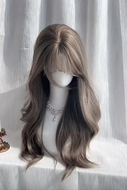 qgtao  -  Gray Brown Wig with Bangs Long Wavy Soft Hair 24inch Body Wave Wig Lolita High Temperature Fiber Headband Peluca Daily Use