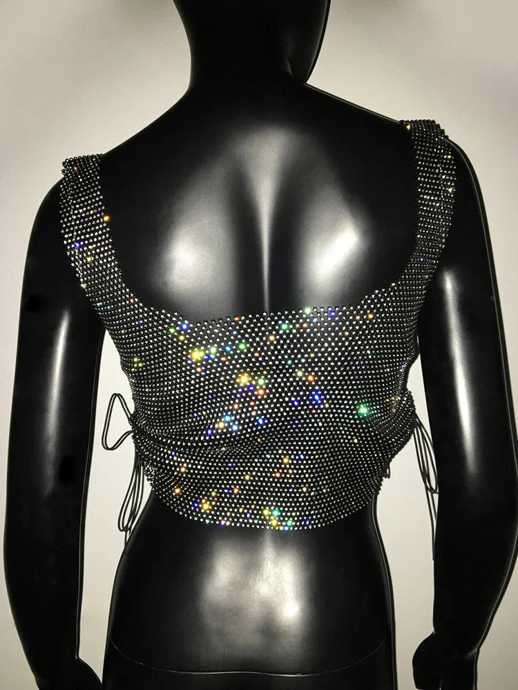 qgtao Y2K Square Collar Glitter Crop Top for Women Night Club Party Sexy See-through Tank Tops Sides Lace-up Backless Short Vest