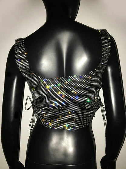 qgtao Y2K Square Collar Glitter Crop Top for Women Night Club Party Sexy See-through Tank Tops Sides Lace-up Backless Short Vest