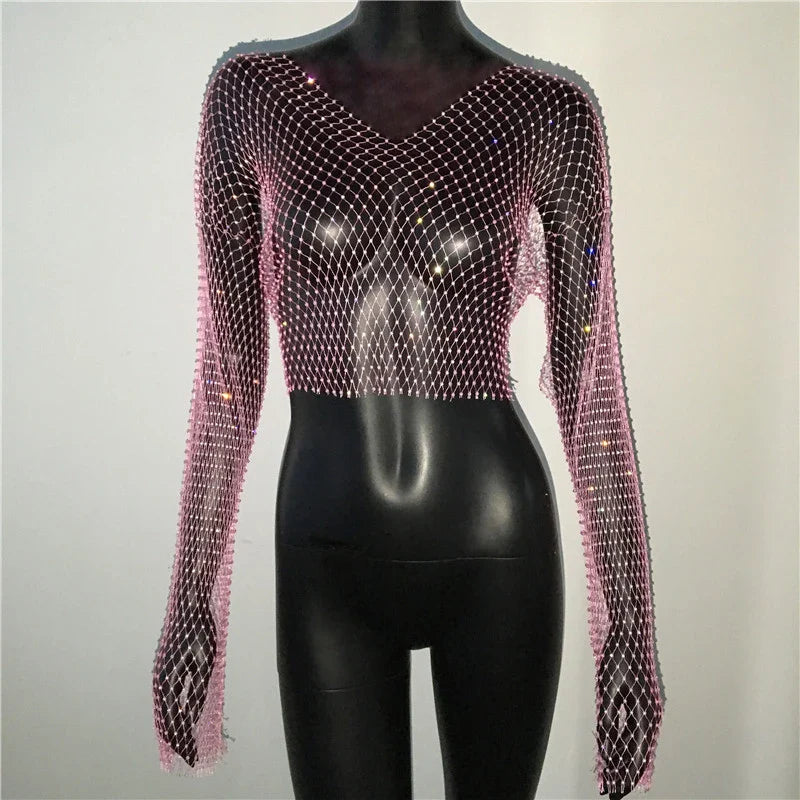 qgtao Women Sexy Mesh See Through T Shirt Shiny Rhinestone Fishnet Hollow Out Crop Top Long Sleeve Beach Cover Up Party Club Tank Tops