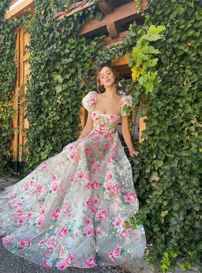 Handmade Sweet Prom Dress Luxury Lace Embroidery Evening Dress Short Sleeve A-line Prom Gown