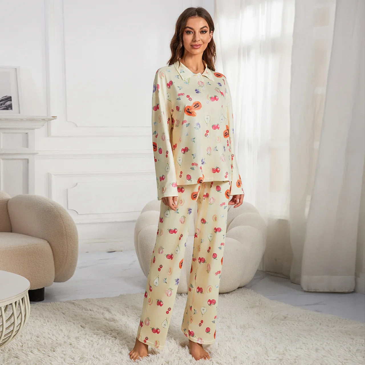 qgtao Pajama Set for Women Causal Floral Print Sleepwear Long Sleeve Loungewear 2 Piece Djerf Avenue Pajamas Y2K Chic Vintage Homewear