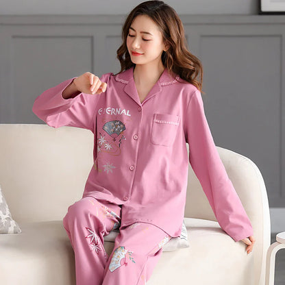 qgtao M-3XL 100% Cotton Elastic Waist Trousers Sets Spring Autumn Print Sleepwear Women's Big Size Pajama Breathable Soft Pijama Mujer