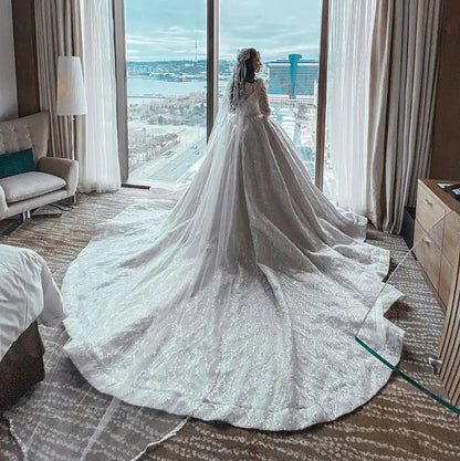 qgtao luxurious Ball Gown Wedding Dresses 2024 Bling Sparkly Lace Sequined O Neck Long Sleeve Marriage Muslim Bridal Gowns