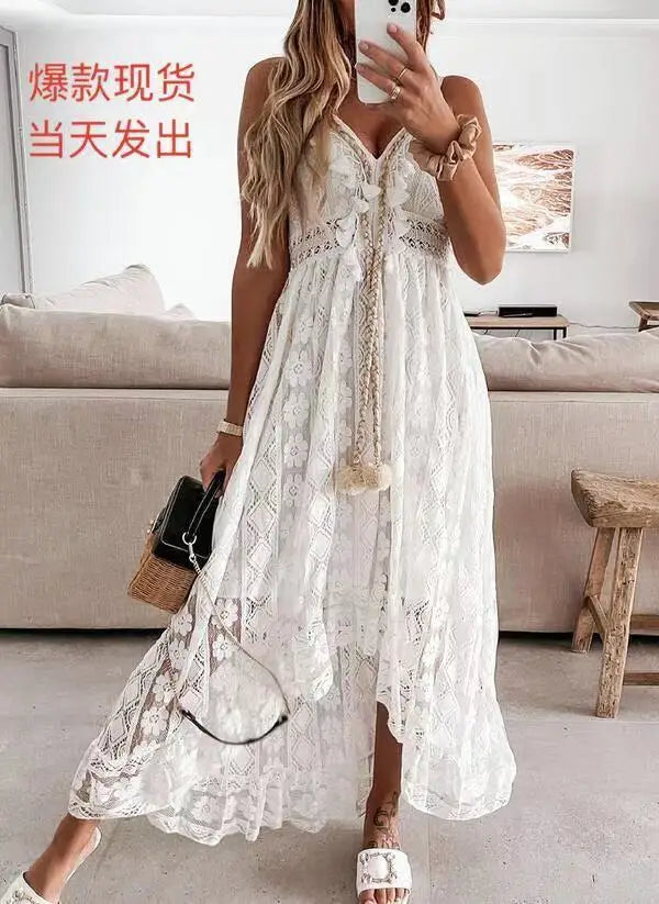 qgtao Women's Summer Beach Dress Cover Up Slip Boho Maxi Dress Lace Up Tassel V-Neck Flare Ruffle White Beach Dresses 2024 Vacation