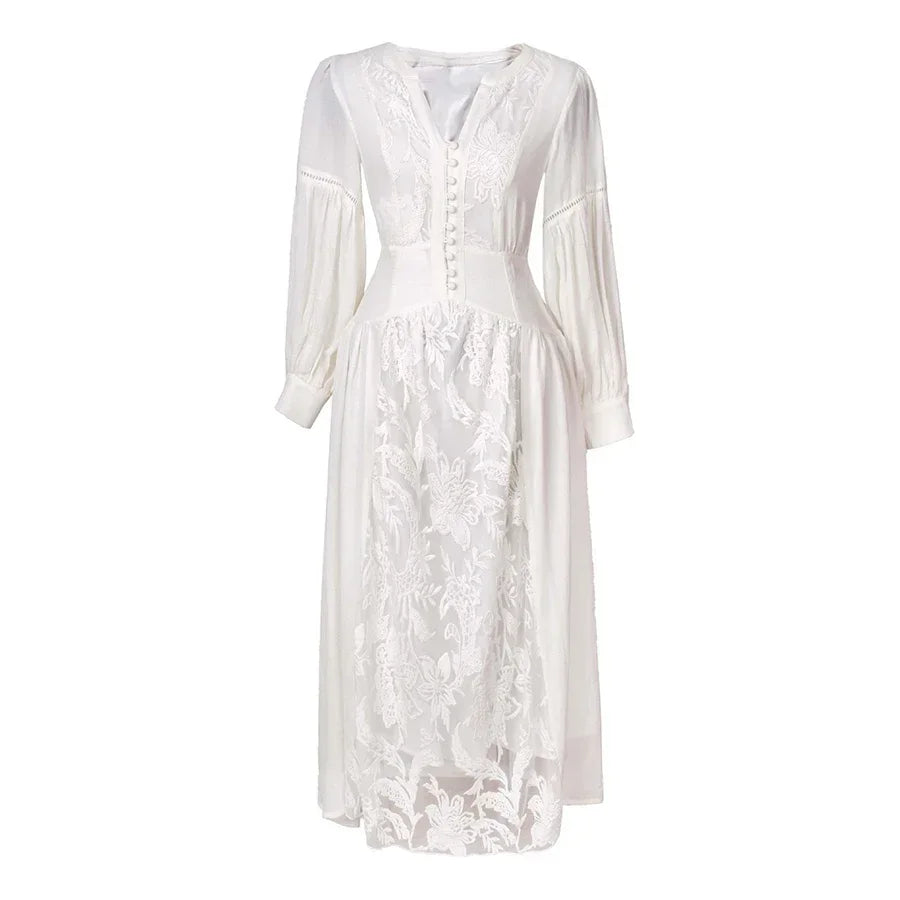 qgtao White Floral Embroidery Maxi Dress Vintage Boho Long Lantern Sleeve Dress Women V-neck Holiday Sexy Ladies Dresses